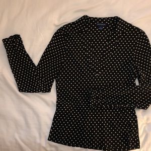 Ann Taylor silk long sleeve blouse, with collar, black with cream polka dots.